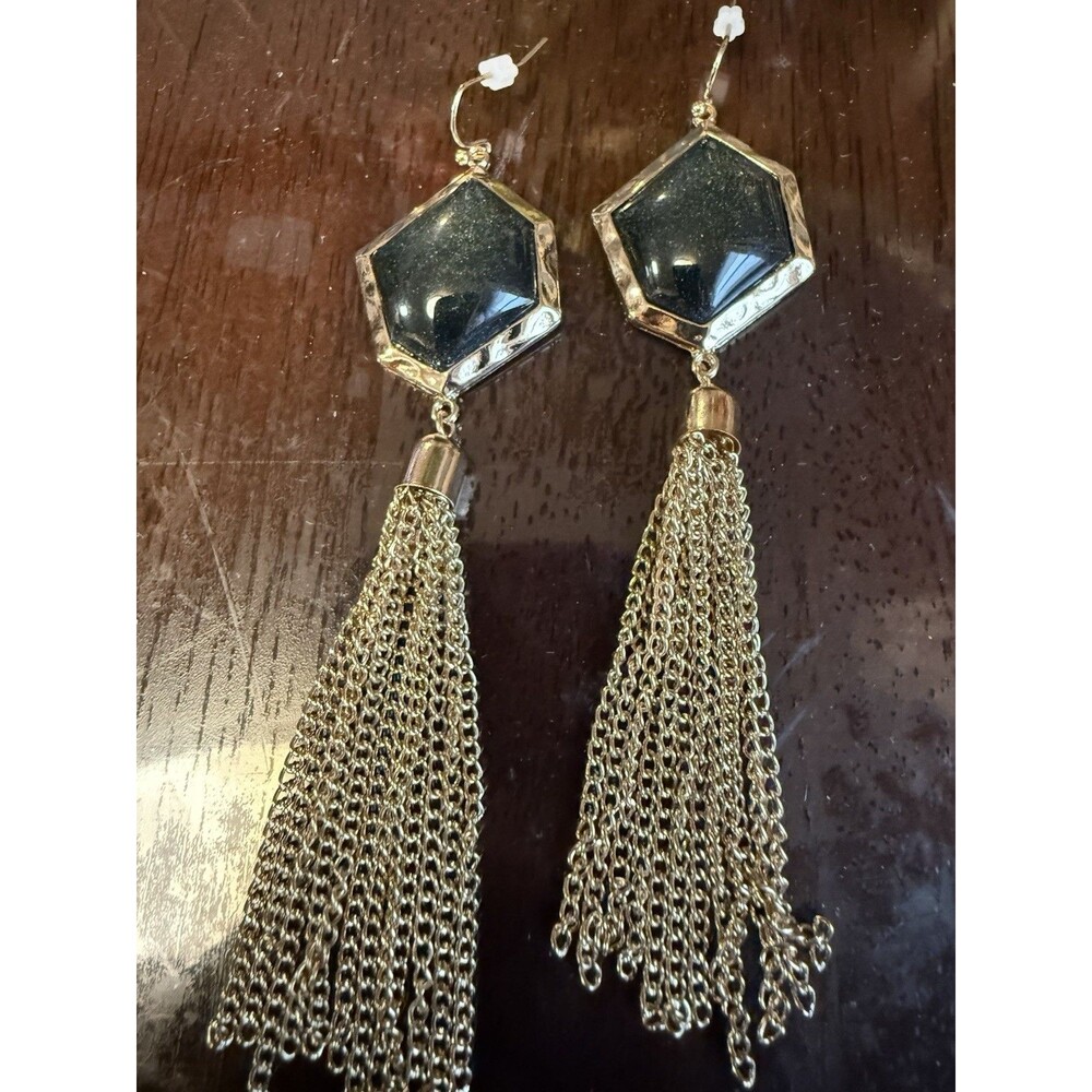 Gold Tone Black Geometric Tassel Dangle Drop Hook Earrings Metal Lobe